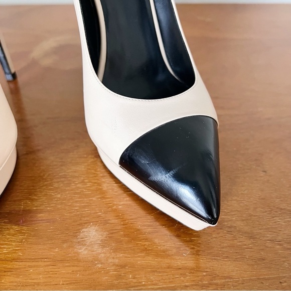 SAINT LAURENT • Janis 105 Cap-Toe Platform Pump two tone beige nude black heels - Picture 10 of 14